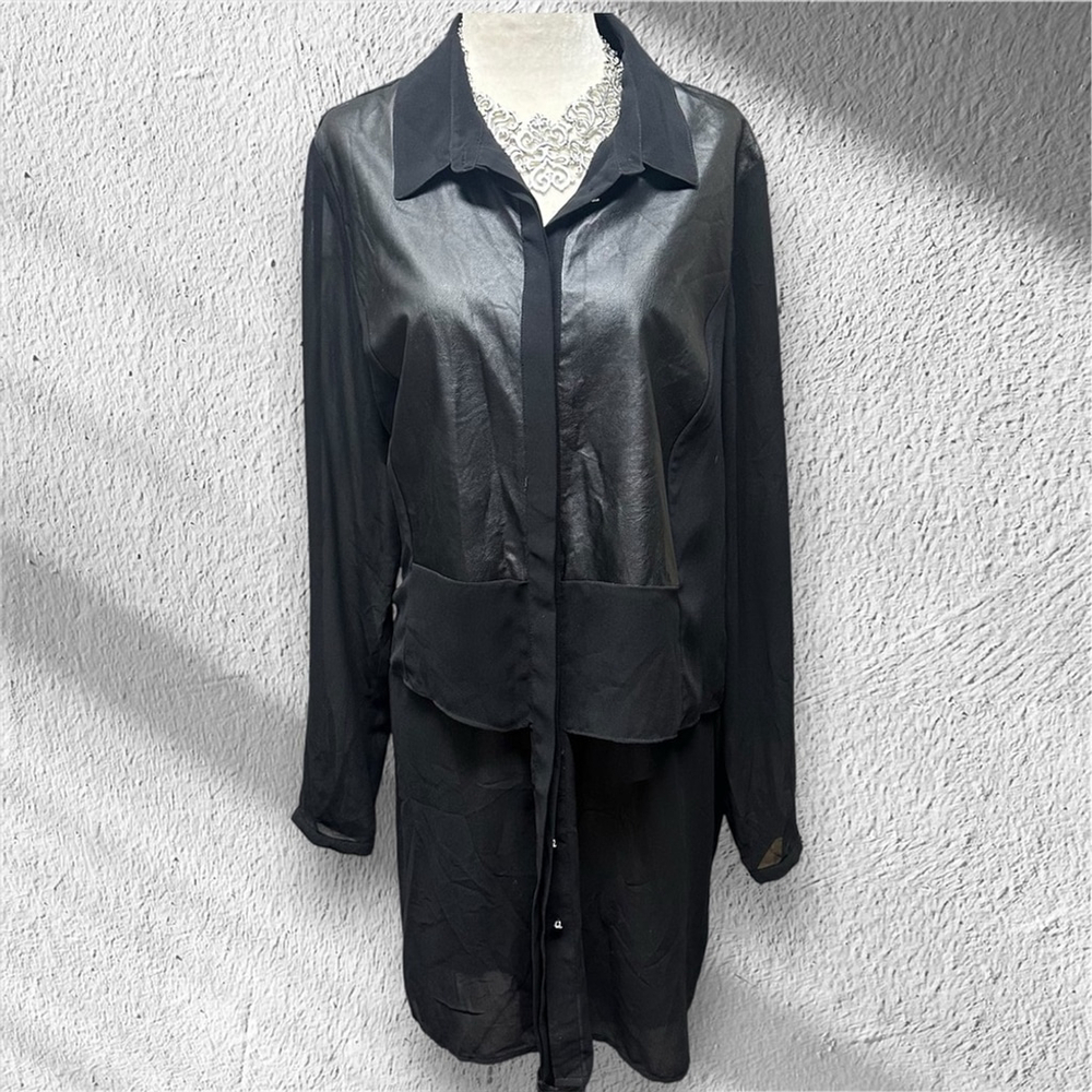 AAIKO Long HiLo Faux Leather Sheer Button Down Duster XL